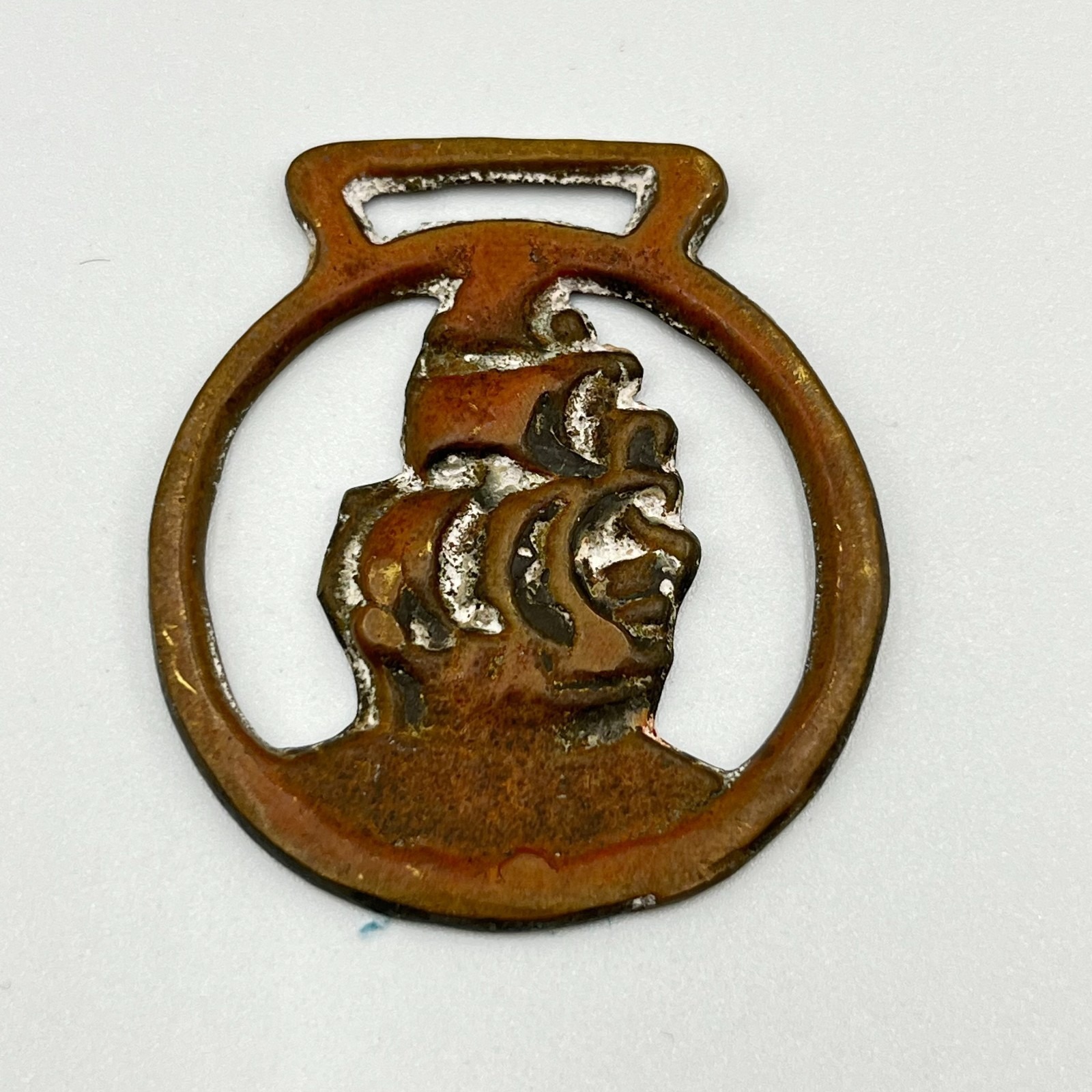 Vtg Antique Brass Tone Oxide Metal Nautical Galleon Ship Horse Medallion Pendant